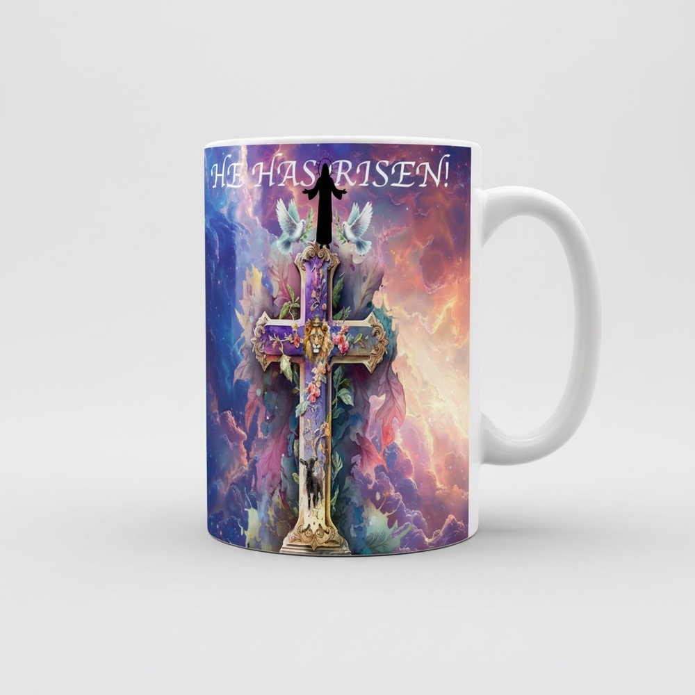 He Has Risen Ceramic Coffee Mug - Purple Cross Design
